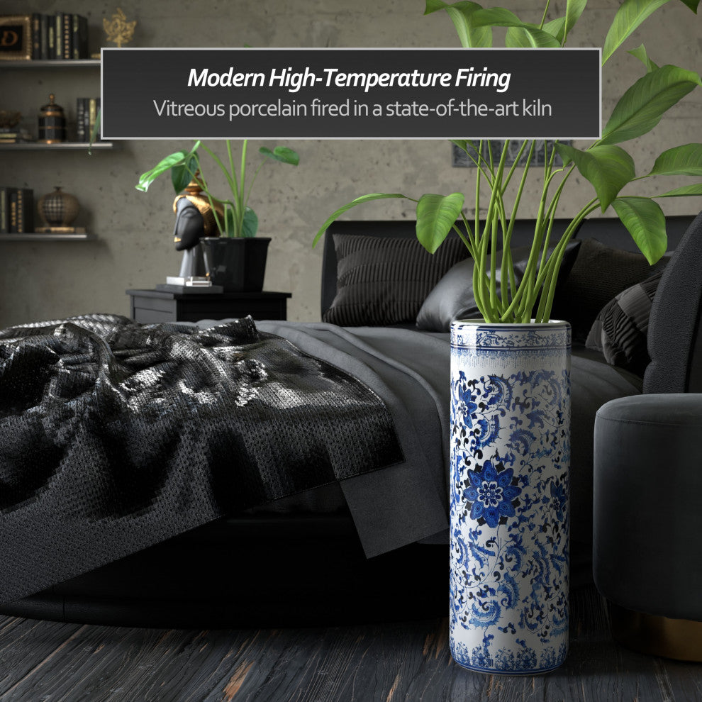 24" Floral Blue and White Porcelain Umbrella Stand