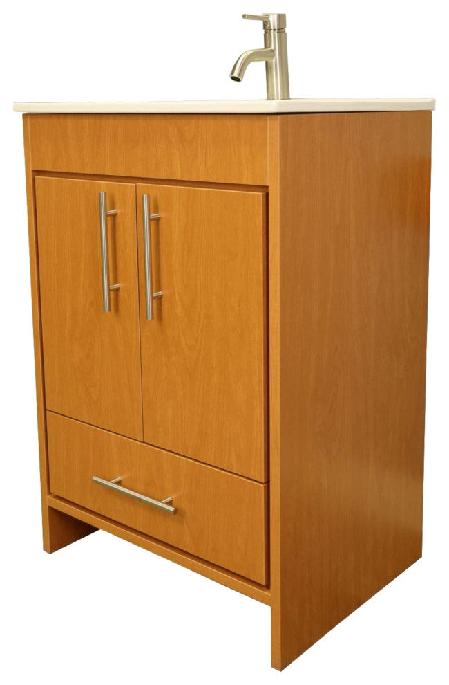 Pacific 24 Vanity With Ceramic Top and Brushed Nickel Handles, Honey Maple
