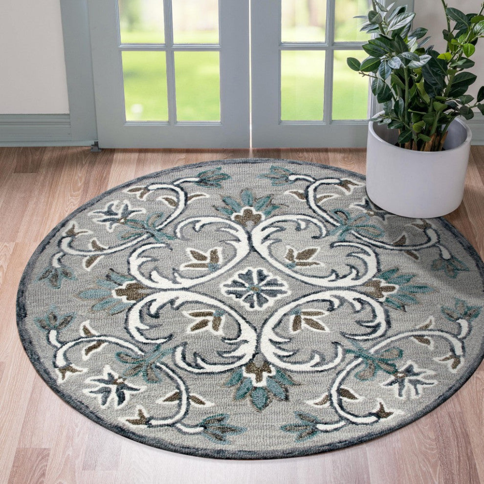 4" Round Gray and White Filigree Area Rug