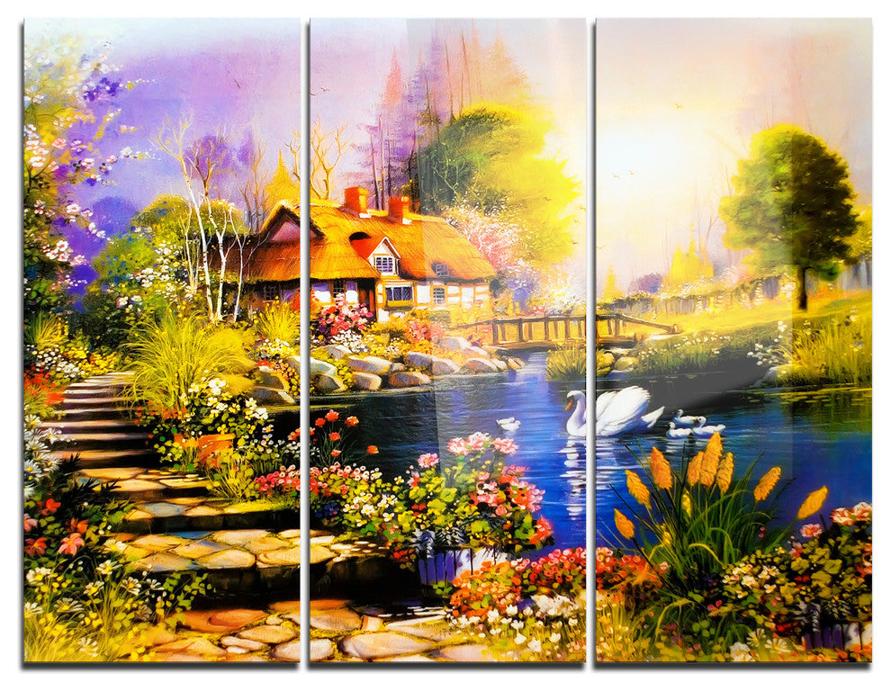 "House near the Lake Swans" Glossy Metal Wall Art, 3 Panels, 36"x28"