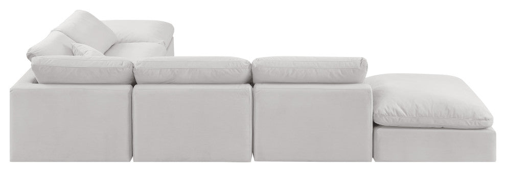 Indulge Upholstered Modular U-Shaped Sectional, Cream, 6-Piece: 3 Armless Chair, 1 Corner Chair, 2 Ottoman, Down Stuffed Velvet