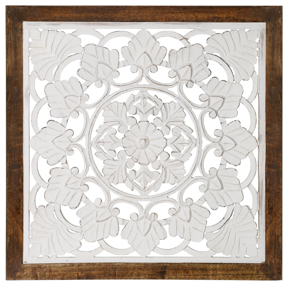 Distressed Wood Framed Square Floral White Wall Medallion  - 24" x 24"