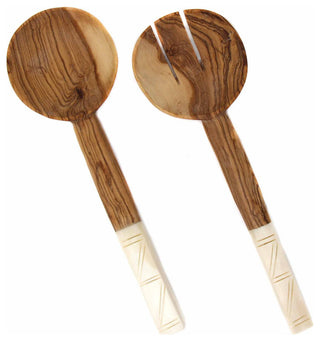 Olive Wood Serving Set, Natural White Bone Handles, Square Design