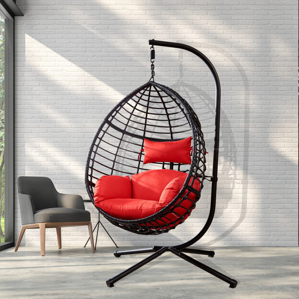 Outdoor Rattan Swing Chair Hanging Egg Chair With Cushion, Red