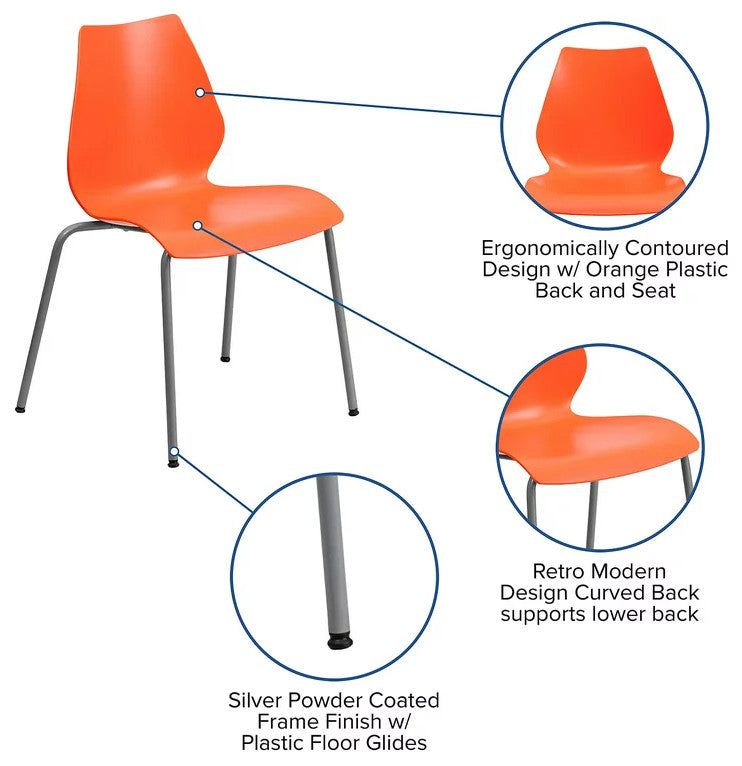 5 Pack Stackable Chair, Multipurpose Design, Plastic Seat & Curved Back, Orange