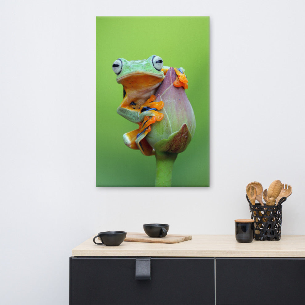 Tiny Green Tree Frog on Lotus Bloom Wildlife Floral Photo Canvas Wall Art Prints, 24" X 36"