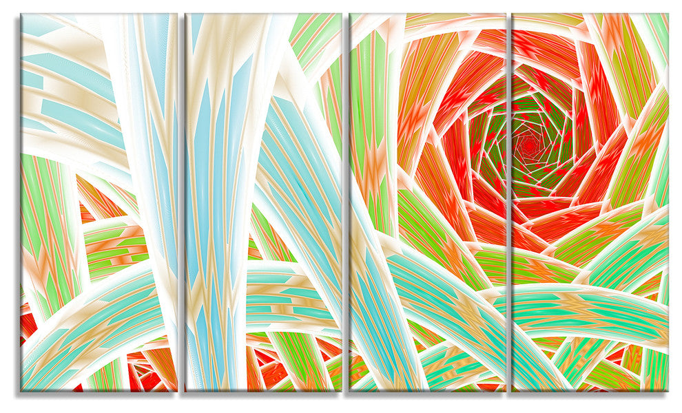 Red Fractal Endless Tunnel, Abstract Canvas Art Print, 48"x28", 4 Panels