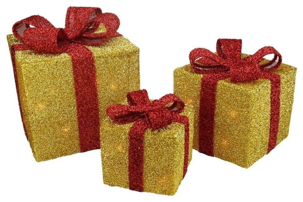 Gift Boxes With Bows Christmas Decorations, 3-Piece Set, Gold/Red
