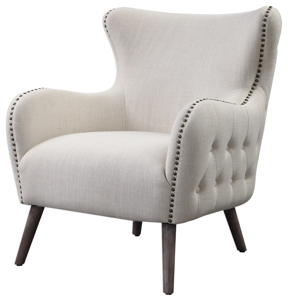 Sculpted Wide Cream Wing Back Lounge Chair Arm Button Tufted Contemporary Modern