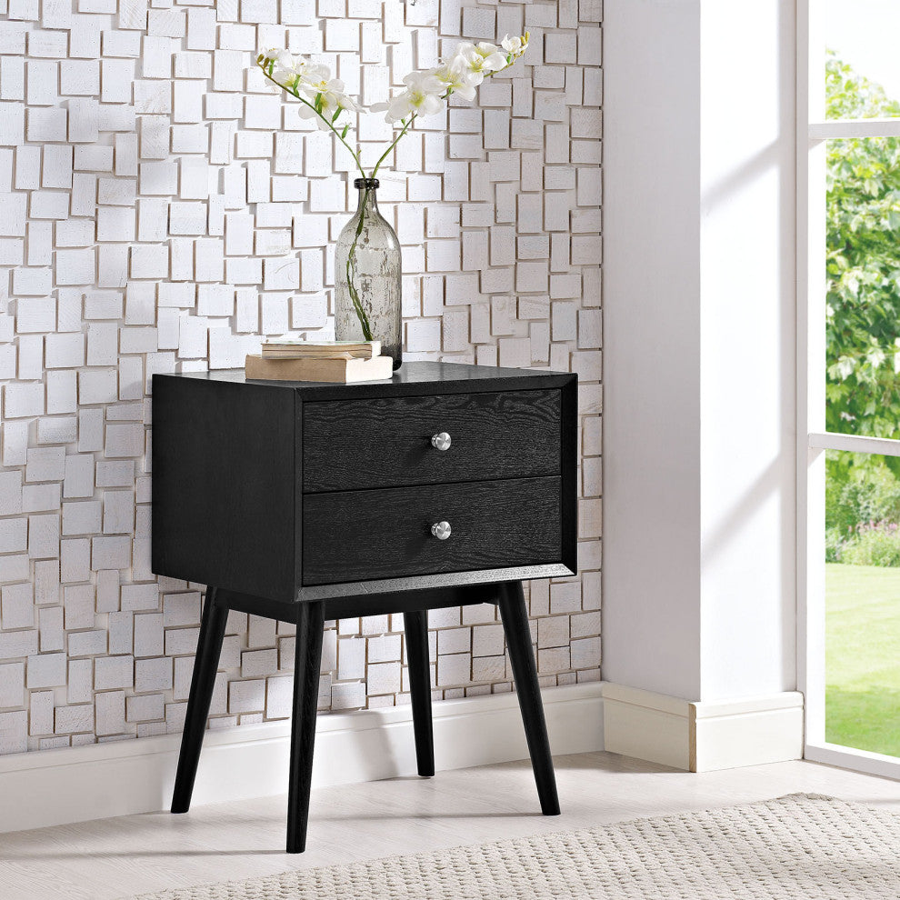 Nightstand Side End Table, Wood, Black, Modern Mid-Century, Bedroom Living Room