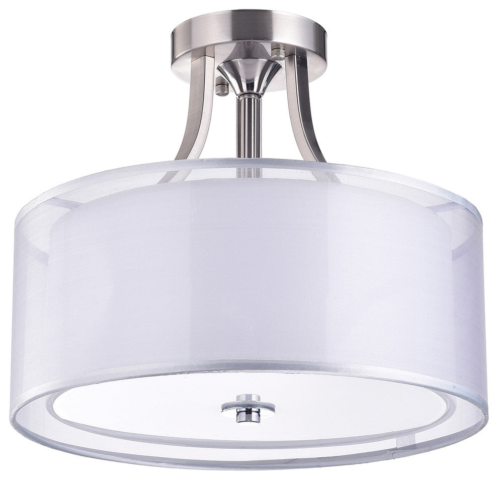 3-Light Brushed Nickel 2 Drum Shades Crystal Semi Flush Mount Chandelier