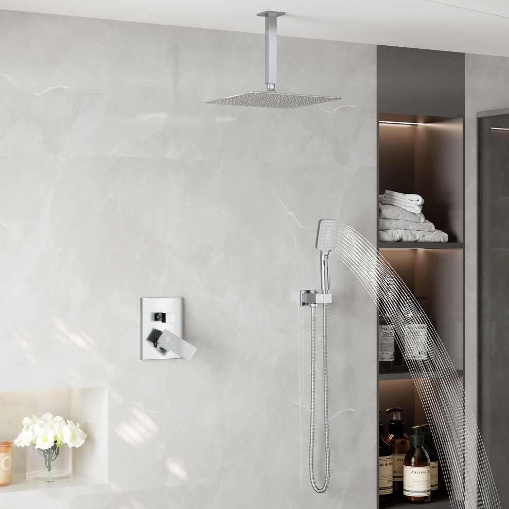 CASAINC 12" Ceiling Mounted Luxury Rainfall Shower Head System w Handheld Spray, Chrome