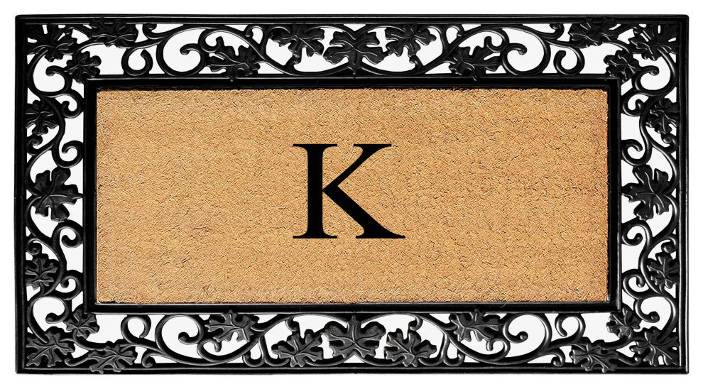 A1HC Floral Border Black 18x30 Rubber and Coir Heavy Duty Monogrammed Doormat, K