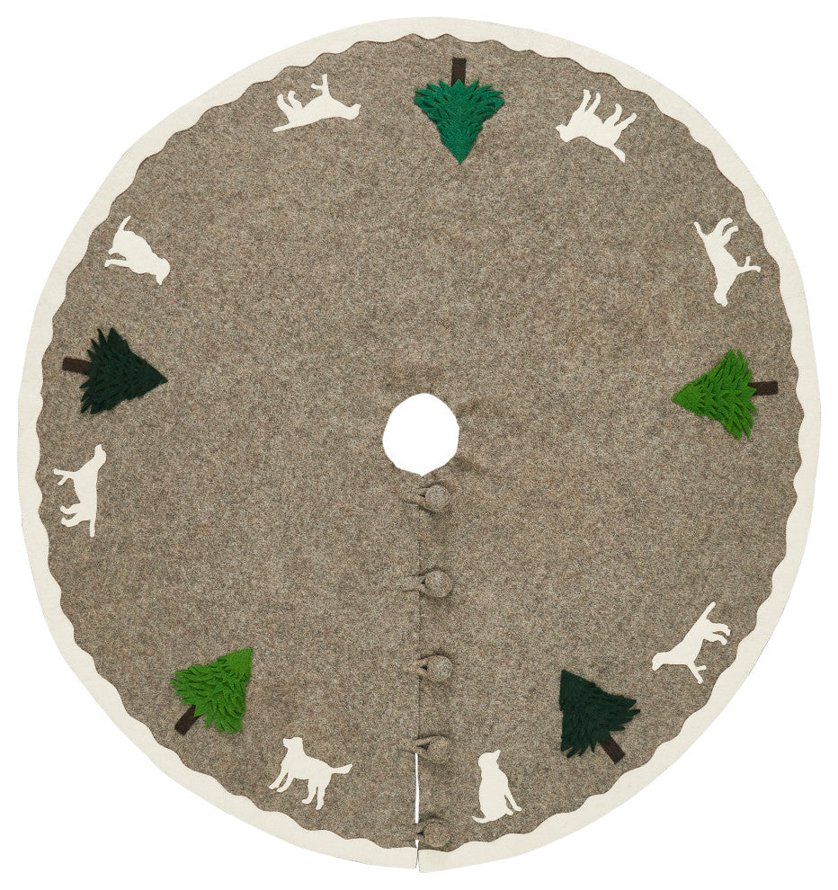 Cream Dogs and Green Trees Christmas Tree Skirt on Gray in Hand Felted Wool - 60