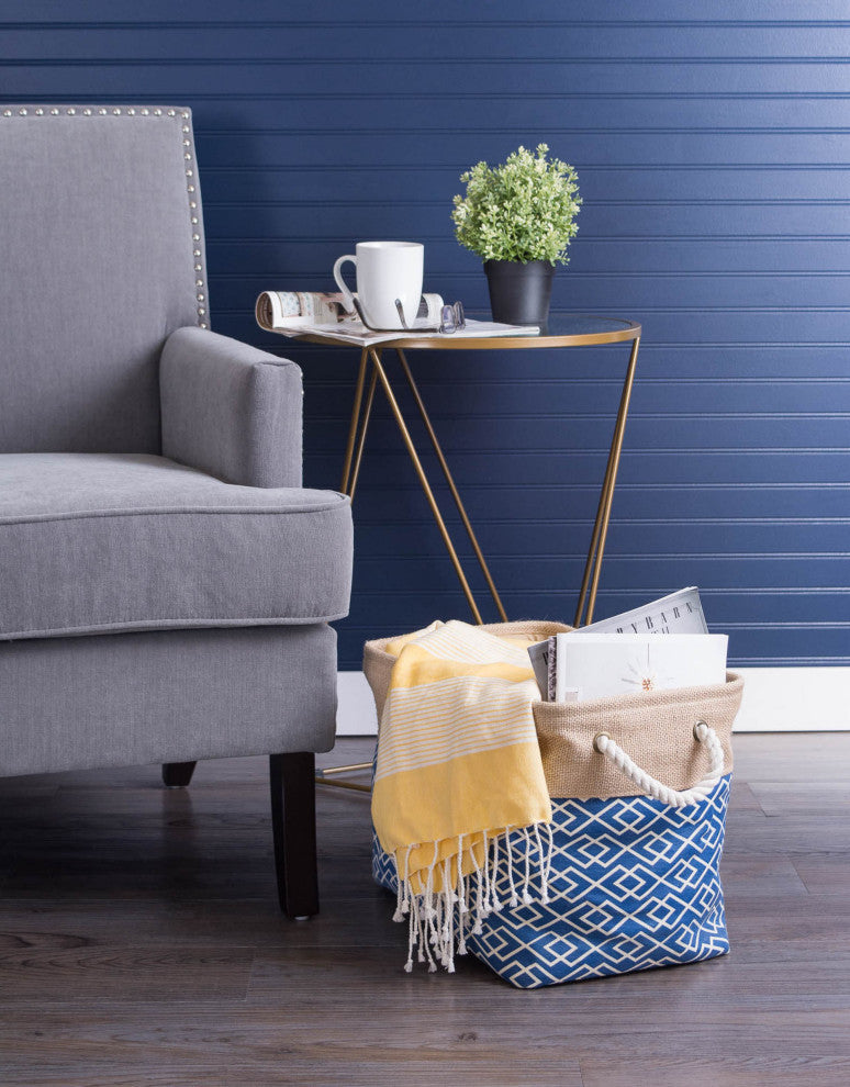 Burlap Bin Diamond Navy Rectangle Small 14"x8"x9"