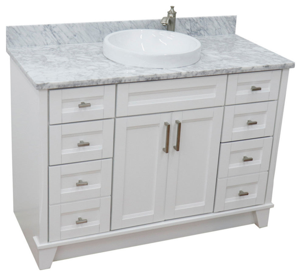 49" Single Sink Vanity, White Finish With White Carrara Marble And Round Sink