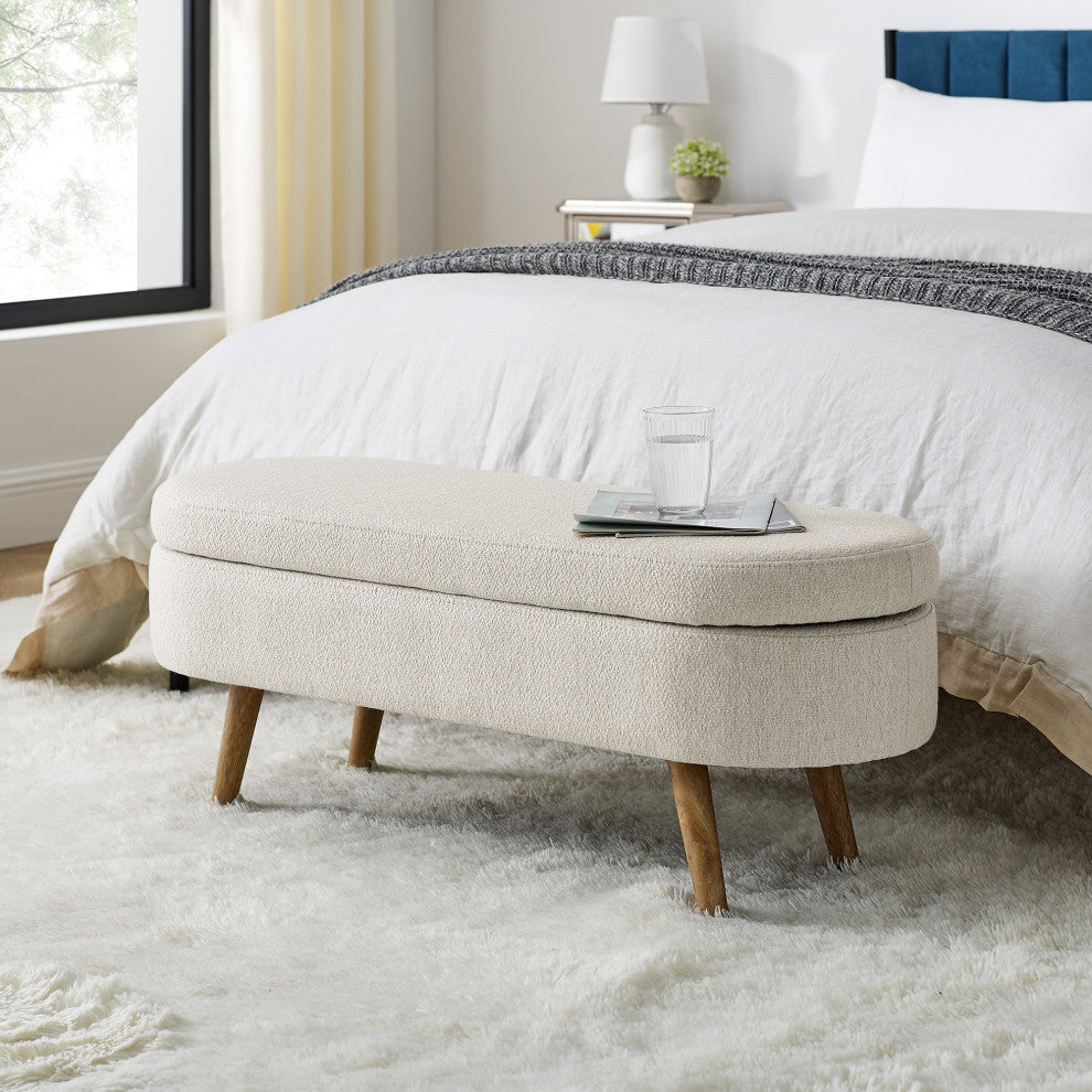 TATEUS Ottoman Oval Storage Bench, Rubber Wood Legs, Beige