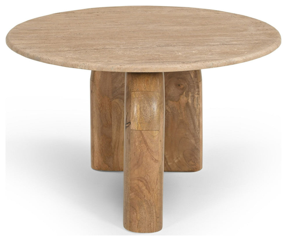 Modrest Kellison Modern Travertine Marble, Wood End Table