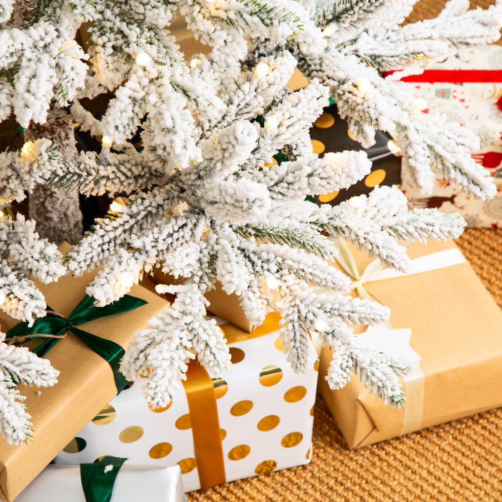 Deluxe Pre-Lit Flocked Pine Artificial Christmas Tree With 300 Warm Lights, 7ft