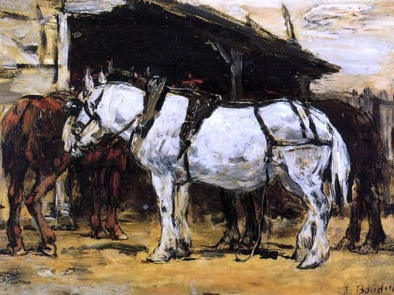 Eugene-Louis Boudin Harnessed Horses, 21"x28" Gallery Wrapped Canvas Print
