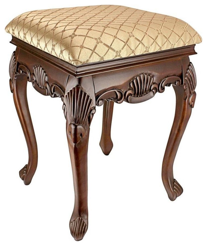 Hand-Carved Solid Hardwood Walnut Antique Replica Queen Anne Stool
