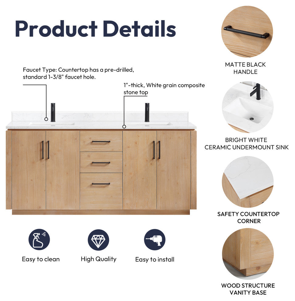 San Bath Vanity with Stone Top, Fir Wood Brown, 72", Double Vanity, No Mirror