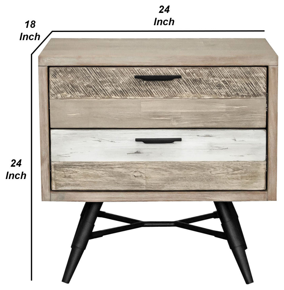 Benzara BM282060 Acacia Wood Nightstand, 2 Drawers, Metal Legs, Brown, Black