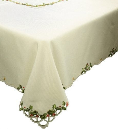 Winter Berry Embroidered Cutwork Collection Christmas Tablecloth, 60"x84"