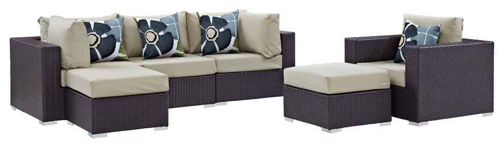 Modway Convene 6 Piece Outdoor Patio Sectional Set, Espresso Beige