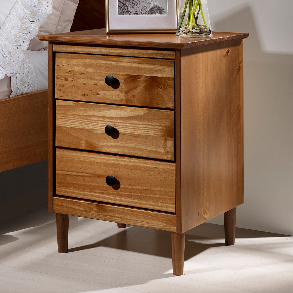 Classic Midcentury Modern 3-Drawer Solid Wood Nightstand, Caramel
