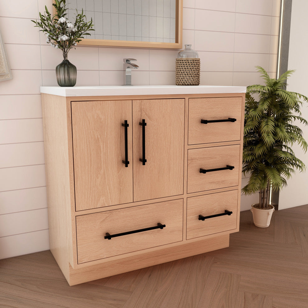 Victoria 36" Solid Wood Bath Vanity Right Side Drawers, Red Oak