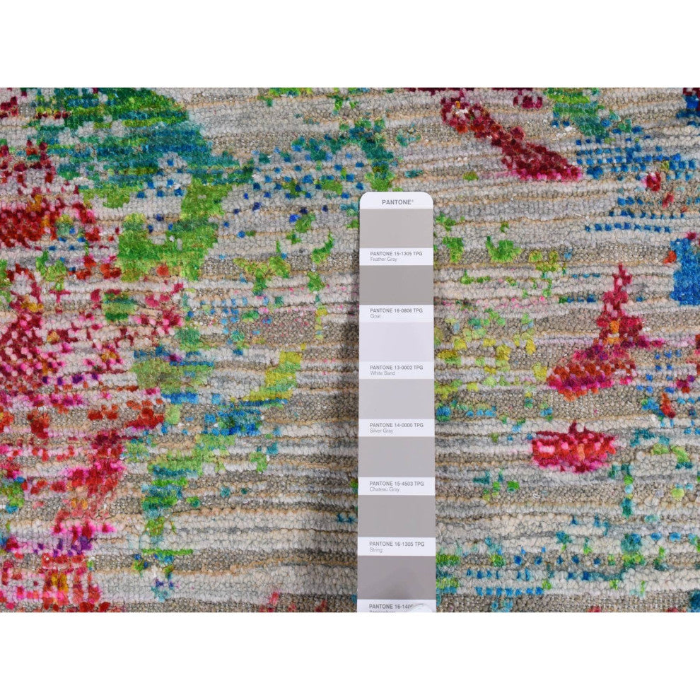 Cinereous Gray, Abstract Design, Silk With Wool, Hand Knotted Rug, 8'10"x12'2"