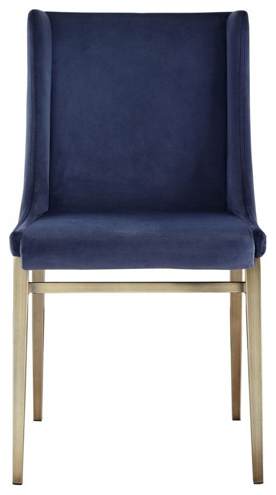 Set of Two Blue Velvet Antique Brass Contemporary Dining Chairs