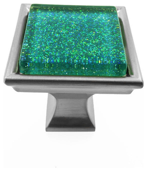 Sparkling Emerald Green Sand Crystal Glass Brushed Nickel Madison Classic Knob