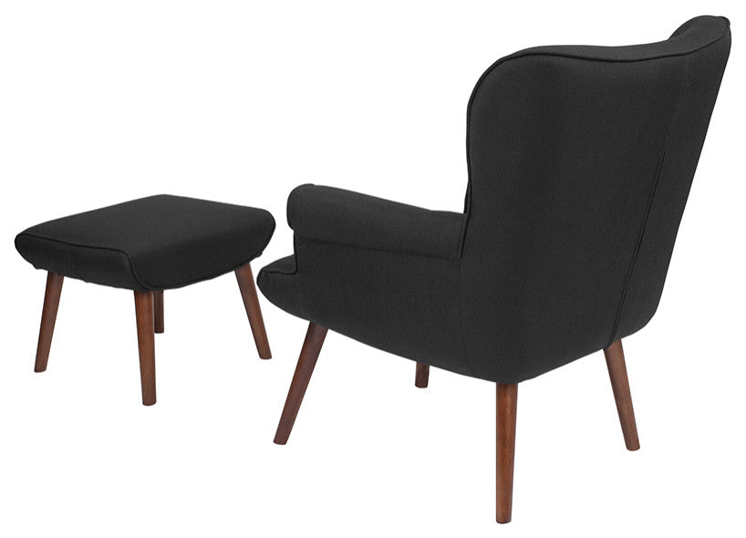 Bayton Upholstered Wingback Chair With Ottoman In Black Fabric