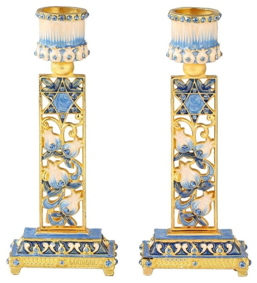 Shabbat Candlestick (2-Piece Set) Hand-Painted  Gold-Plated Pewter