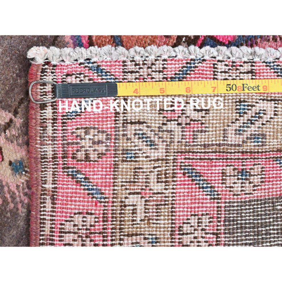 Mocha Brown With Pink Old Persian Heriz Hand Knotted Pure Wool Rug, 3'7"x10'1"