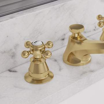 Classic Widespread Deck Mount Lavatory Faucets, Satin Gold With Pop-Up Drain