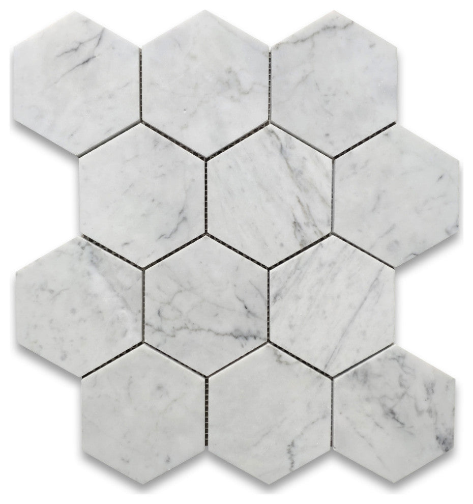 4" Honed Hexagon Carrara White Venato Carrera Marble Mosaic Floor Tile, 1 sheet