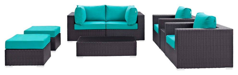 Modern Contemporary Outdoor Patio 8-Piece Sectional Sofa Set, Blue, Rattan
