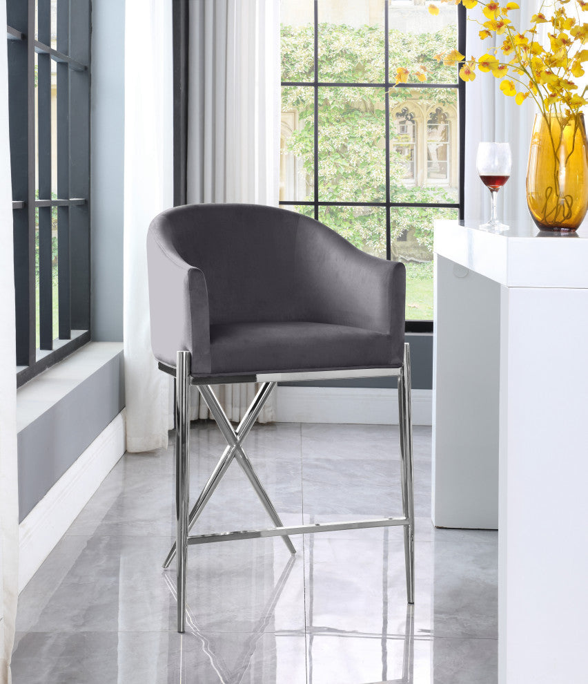 Xavier Velvet Upholstered Counter Height Stool, Gray, Chrome Finish