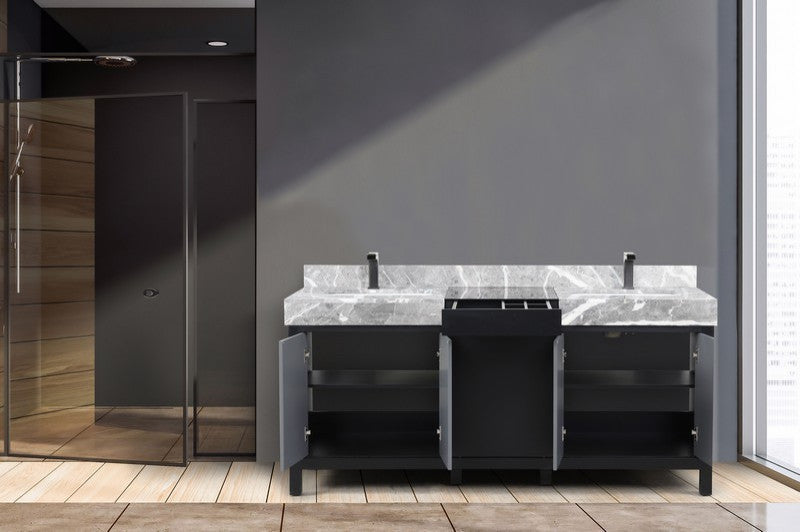 Zilara 72" Black and Grey Double Vanity, Balzani Gun Metal Faucet Set