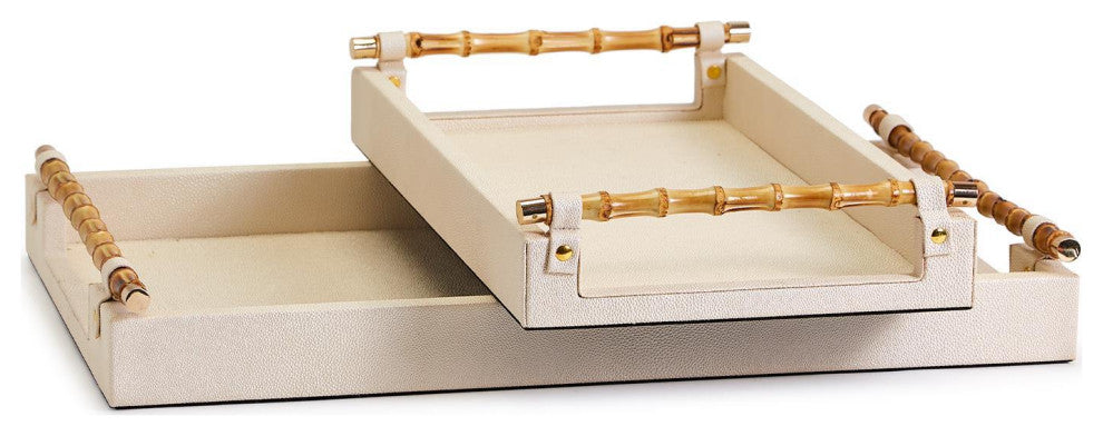 Two's Company Set of 2 Antique Cream Faux Leather Decorative Rectangle Trays