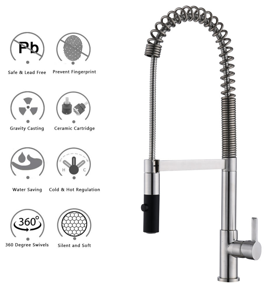 Single Handle Deck Mounted Spring Neck Pull Down Kitchen Faucet with Deckplate