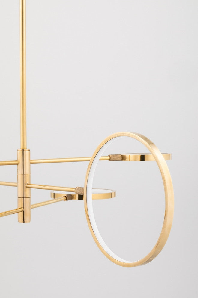Saturn 6-Light LED Chandelier, Aged Brass, Matte White Glass and Metal Shade