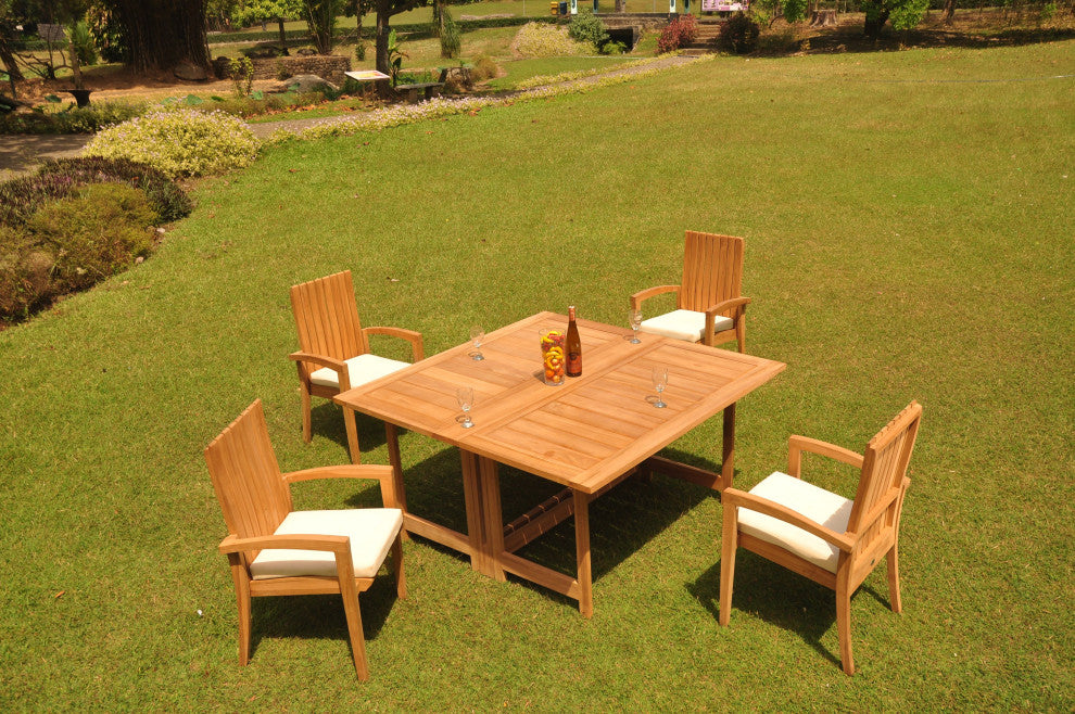 5-Piece Outdoor Teak Set: 60" Square Butterfly Table, 4 Goa Stacking Arm Chairs