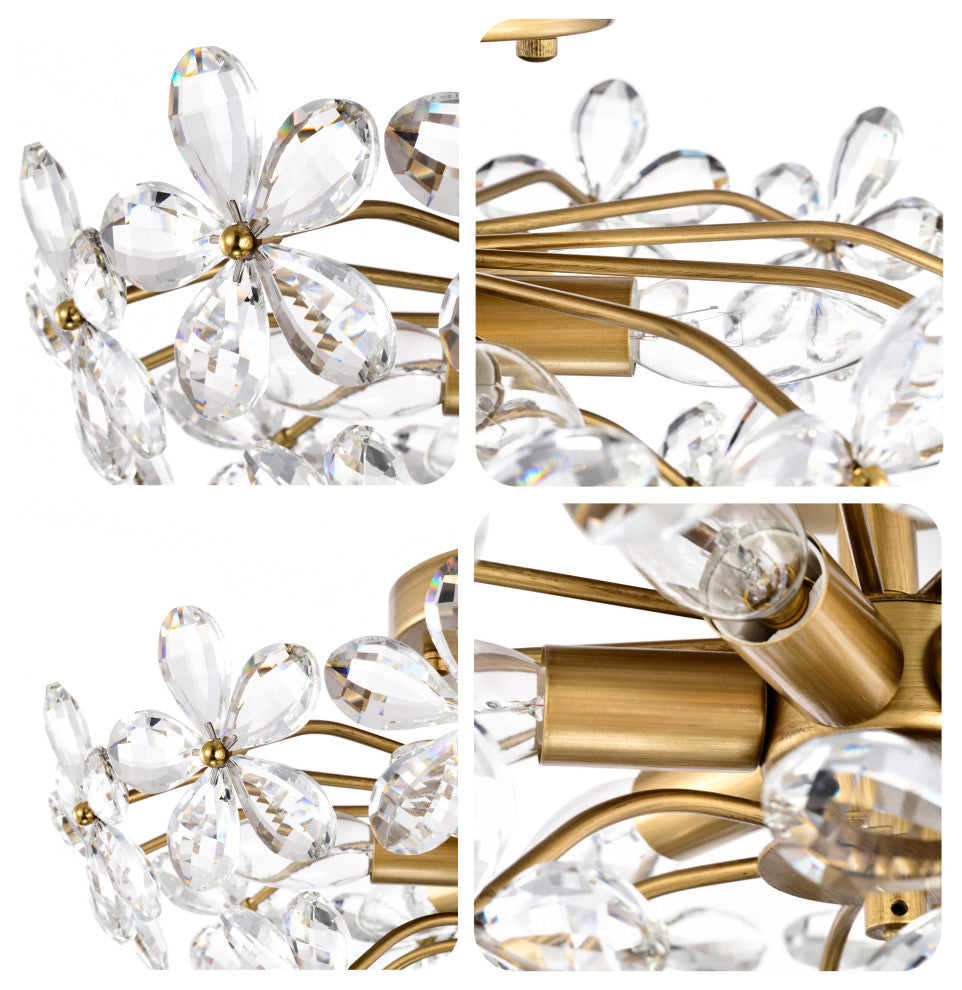 Grace 6-Light Crystal Glass Flower Flush Mount, Brushed Brass Finish
