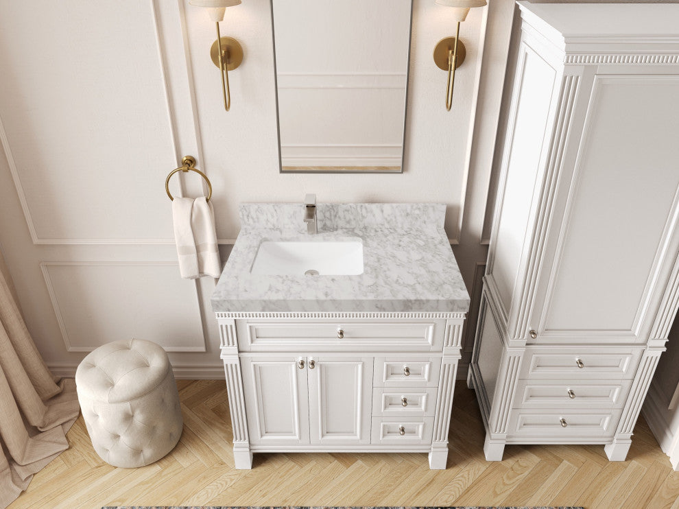 Paris 36" Left Offset Bathroom Vanity, White 2" Carrara Marble