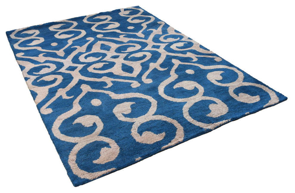 Hand Knotted Silk Area Rug Contemporary Blue Beige