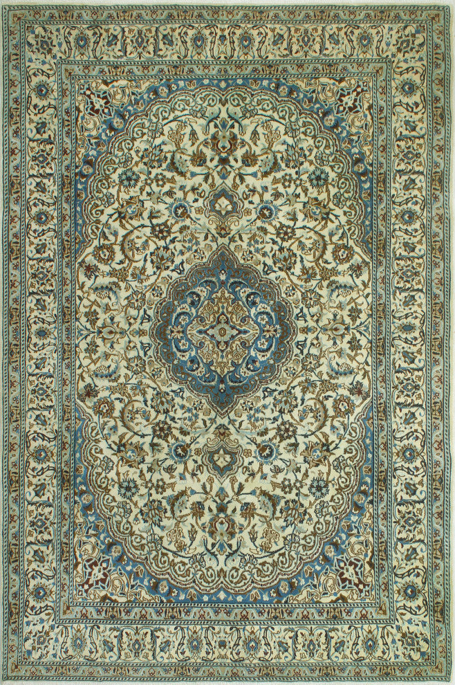 Super Vintage Distressed Hasma Ivory/Blue Rug, 6'4 x 9'6